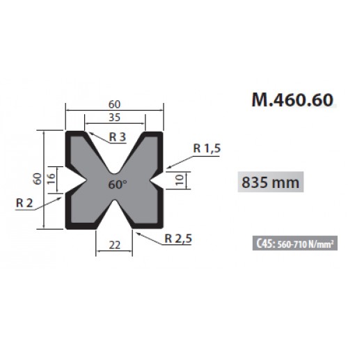 M460-60 Rolleri Multi Vee Die 60 Degree 10-16-22-35mm Vee 835mm Long M460-60 Rolleri Multi Vee Die 60 Degree 10-16-22-35mm Vee 835mm Long