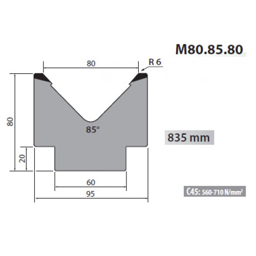M80-85-80 Rolleri Single Vee Die 80mm Vee 85 Degree 80mm H M80-85-80 Rolleri Single Vee Die 80mm Vee 85 Degree 80mm H