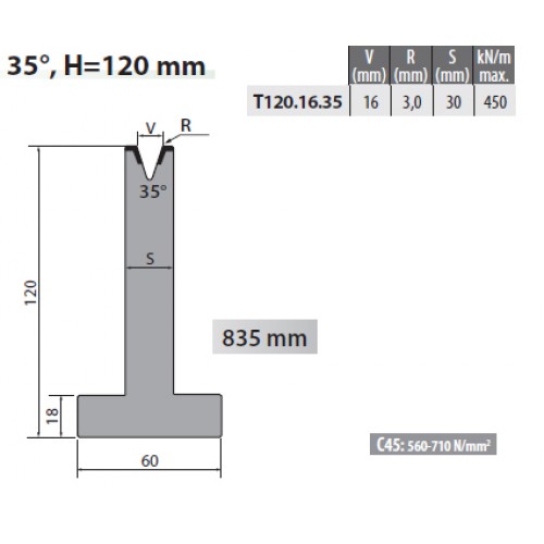 T120-16-35 Rolleri Single Vee Die 16mm Vee 35 Degree 120mm H T120-16-35 Rolleri Single Vee Die 16mm Vee 35 Degree 120mm H