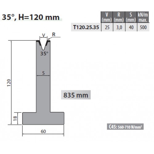 T120-25-35 Rolleri Single Vee Die 25mm Vee 35 Degree 120mm H T120-25-35 Rolleri Single Vee Die 25mm Vee 35 Degree 120mm H