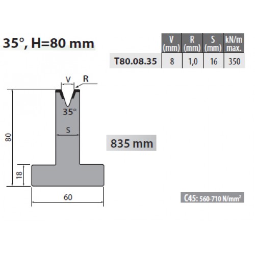 T80-08-35 Rolleri Single Vee Die 8mm Vee 35 Degree 80mm H T80-08-35 Rolleri Single Vee Die 8mm Vee 35 Degree 80mm H