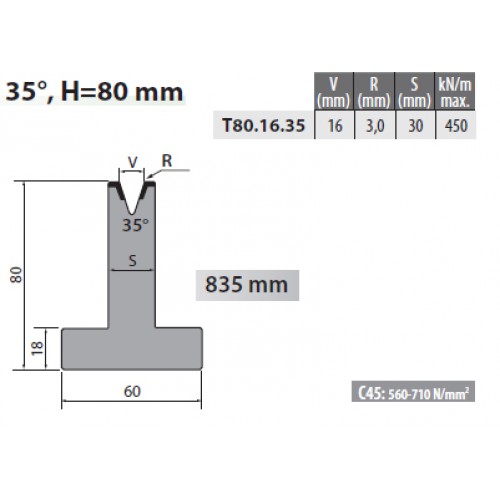 T80-16-35 Rolleri Single Vee Die 16mm Vee 35 Degree 80mm H T80-16-35 Rolleri Single Vee Die 16mm Vee 35 Degree 80mm H