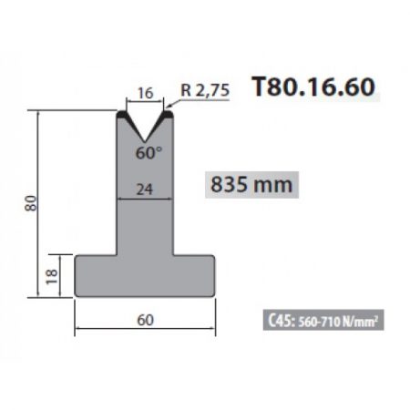 T80-16-60 Rolleri Single Vee Die 16mm Vee 60 Degree 80mm H