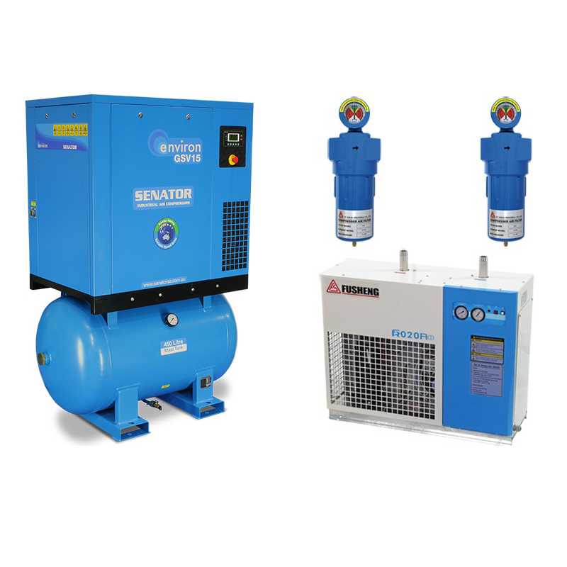 Senator GSV15 Rotary Screw Variable Speed Air Compressor Professional Package – 15 kW 450L 8 bar 35-87CFM/396-1019 LPM